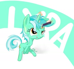 Size: 1492x1397 | Tagged: safe, artist:soshyqqq, lyra heartstrings, pony, unicorn, :p, comb, cute, female, glare, levitation, magic, mare, raised eyebrow, signature, sitting, solo, telekinesis, tongue out