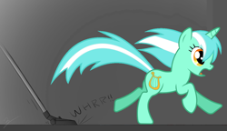 Size: 1190x685 | Tagged: safe, artist:uxyd, edit, lyra heartstrings, pony, unicorn, behaving like a cat, running, scared, solo, vacuum cleaner