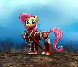 Size: 1750x1519 | Tagged: safe, artist:pwnyville, fluttershy, pegasus, pony, armor, badass, flutterbadass, shield, sword, weapon