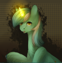 Size: 1000x1007 | Tagged: safe, artist:moonwolfpony, lyra heartstrings, pony, unicorn, abstract background, female, glowing horn, mare, solo, unshorn fetlocks