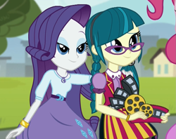 Size: 1083x859 | Tagged: safe, screencap, juniper montage, pinkie pie, rarity, equestria girls, mirror magic, spoiler:eqg specials, bedroom eyes, braid, clothes, cropped, cute, female, geode of shielding, glasses, hat, junibetes, magical geodes, skirt