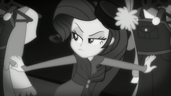 Size: 1920x1080 | Tagged: safe, screencap, rarity, equestria girls, equestria girls series, rarity investigates: the case of the bedazzled boot, black and white, clothes, detective rarity, female, grayscale, hat, monochrome, noir, pillbox hat, raised eyebrow, rarity investigates (eqg): applejack, solo