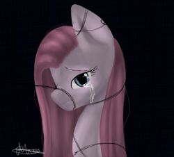 Size: 774x700 | Tagged: safe, artist:annaslolart, pinkie pie, earth pony, pony, black background, bust, crying, pinkamena diane pie, portrait, sad, simple background, solo, tied