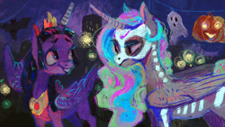 Size: 800x450 | Tagged: safe, artist:wolfiedrawie, princess celestia, twilight sparkle, twilight sparkle (alicorn), alicorn, ghost, pony, bone, celestia is not amused, clothes, costume, halloween, holiday, jack-o-lantern, pumpkin, skeleton, skeleton costume, smiling, unamused