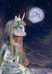 Size: 600x849 | Tagged: safe, artist:wolfiedrawie, princess celestia, alicorn, anthro, full moon, lonely, looking up, mare in the moon, moon, regret, sitting, solo