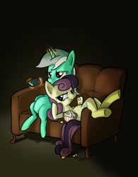 Size: 917x1174 | Tagged: safe, artist:soshyqqq, bon bon, lyra heartstrings, sweetie drops, earth pony, pony, unicorn, dark, duo, eating, food, levitation, magic, popcorn, remote, remote control, sofa, telekinesis, television