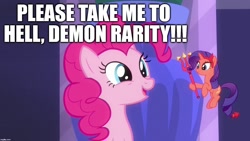 Size: 1280x720 | Tagged: safe, edit, edited screencap, screencap, pinkie pie, demon, pony, the saddle row review, devil rarity, excessive exclamation marks, excited, hell, image macro, meme