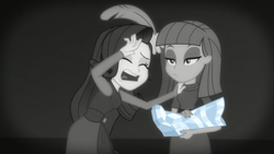 Size: 1920x1080 | Tagged: safe, screencap, maud pie, rarity, better together, equestria girls, rarity investigates: the case of the bedazzled boot, bedazzled boot, black and white, drama queen, duo, duo female, feather, female, grayscale, hat, lidded eyes, marshmelodrama, monochrome, noir, open mouth, pillbox hat, rarity being rarity, rarity investigates (eqg): applejack