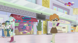 Size: 1136x638 | Tagged: safe, screencap, curly winds, lyra heartstrings, scribble dee, some blue guy, wiz kid, dance magic, equestria girls, spoiler:eqg specials, background human, book, boots, canterlot mall, clothes, converse, female, glasses, haberdashery, male, mall, shoes, shorts, skirt, sneakers, socks, teletoon, television