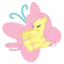 Size: 800x800 | Tagged: safe, artist:anzicorn, fluttershy, pegasus, pony, cute, cutie mark background, eyes closed, folded wings, head turn, prone, shyabetes, simple background, smiling, solo, transparent background