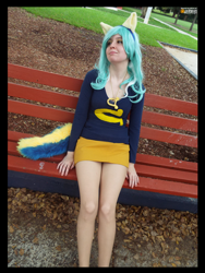 Size: 3456x4608 | Tagged: safe, artist:krazykari, lyra heartstrings, human, equestria girls, absurd resolution, bench, clothes, cosplay, costume, high res, irl, irl human, photo, solo, wondercolts