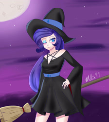 Size: 3492x3900 | Tagged: safe, artist:melliedraws, rarity, human, beauty mark, broom, cute, halloween, hand on hip, holiday, humanized, moon, night, one eye closed, raribetes, solo, wink, witch