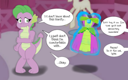 Size: 1280x800 | Tagged: safe, artist:edmopysun, barb, rarity, spike, dragon, pony, unicorn, carousel boutique, clothes, dress, forced feminization, implied transgender transformation, offscreen character, rule 63, uncertain