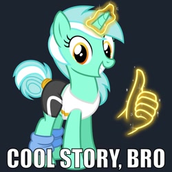 Size: 1000x1000 | Tagged: safe, artist:cheezedoodle96, derpibooru exclusive, lyra heartstrings, pony, unicorn, alternate hairstyle, caption, clothes, cool story bro, female, glowing horn, hand, leg warmers, looking at you, magic, magic hands, mare, meme, reaction image, shirt, simple background, smiling, solo, spandex, thumbs up, workout outfit