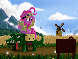 Size: 2048x1536 | Tagged: safe, artist:qzygugu, gummy, pinkie pie, alligator, earth pony, pony, clothes, cloud, duo, fangs, female, goggles, map, mare, mountain, scenery, sign, sky, tongue out, travelling, windmill