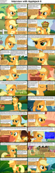 Size: 1282x4018 | Tagged: safe, applejack, earth pony, pony, comic:celestia's servant interview, apple, blushing, caption, comic, cs captions, floppy ears, food, grawlixes, hilarious in hindsight, interview, pie, solo, x.exe stopped working