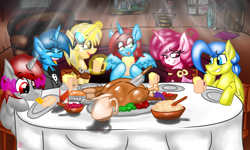 Size: 1024x614 | Tagged: safe, artist:snowbankst, pinkie pie, oc, oc:lady lita sparkle, oc:lectra bolt, oc:shining valor, oc:snow storm, alicorn, bird, earth pony, pegasus, pony, unicorn, alicorn oc, cooked, dead, food, holiday, meat, ponies eating meat, thanksgiving, turkey