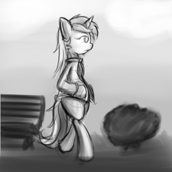 Size: 1000x1000 | Tagged: dead source, safe, artist:cheshiresdesires, lyra heartstrings, pony, semi-anthro, unicorn, bench, bipedal, clothes, grayscale, jacket, lidded eyes, monochrome, solo