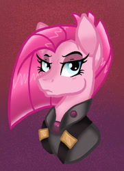 Size: 410x567 | Tagged: safe, artist:bleedingwings12, pinkie pie, earth pony, pony, apinkalypse pie, bust, crystal war timeline, gradient background, pinkamena diane pie, portrait, solo