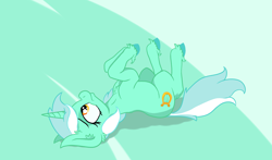 Size: 2496x1467 | Tagged: safe, artist:paskanaakka, derpibooru exclusive, lyra heartstrings, pony, unicorn, abstract background, chest fluff, colored hooves, ear fluff, horses doing horse things, lying down, on back, solo, unshorn fetlocks