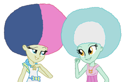 Size: 1101x725 | Tagged: safe, artist:ktd1993, bon bon, lyra heartstrings, sweetie drops, equestria girls, afro, female, lesbian, lidded eyes, looking at each other, lyrabon, shipping, simple background, smiling, transparent background