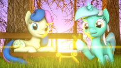 Size: 1280x720 | Tagged: safe, artist:jaygaming1, bon bon, lyra heartstrings, sweetie drops, pony, 3d, bench, effects, poster, prone, source filmmaker, sunset, tree