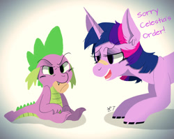 Size: 1280x1018 | Tagged: safe, artist:wirelesspony, derpibooru import, spike, twilight sparkle, dragon, pony, abstract background, ask, cork, daily life of spike, duo, ear fluff, female, male, mare, open mouth, subliminal message, tumblr