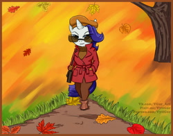 Size: 1500x1174 | Tagged: safe, artist:vylfgor, rarity, anthro, unguligrade anthro, autumn, beret, boots, clothes, hat, leaves, pants, purse, shoes, signature, smiling, solo, sunglasses, sweater, tree, trenchcoat, turtleneck, walking