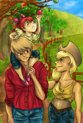 Size: 2600x3880 | Tagged: safe, artist:aalienoor, apple bloom, applejack, big macintosh, human, apple, food, humanized