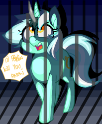 Size: 1154x1410 | Tagged: safe, artist:/d/non, lyra heartstrings, pony, unicorn, angry, censored vulgarity, death threat, fake horn, female, jail, knife, solo, the last unicorn, vulgar