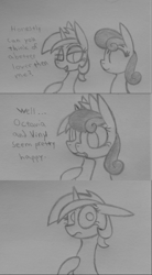 Size: 852x1546 | Tagged: safe, artist:poorlydrawnpony, bon bon, lyra heartstrings, sweetie drops, earth pony, pony, unicorn, comic, female, floppy ears, grayscale, lesbian, lidded eyes, lyrabon, monochrome, shipping, traditional art