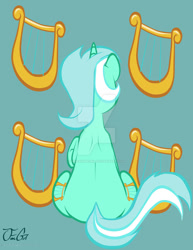 Size: 800x1035 | Tagged: safe, artist:missanimegrl, lyra heartstrings, pony, unicorn, both cutie marks, cutie mark, cutie mark background, female, lyre, mare, plot, raised hoof, rear view, sitting, solo, watermark