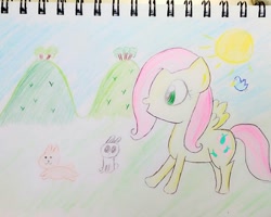 Size: 1280x1026 | Tagged: safe, artist:sumi-mlp25, angel bunny, fluttershy, pegasus, pony, female, happy, mare, smiling, traditional art