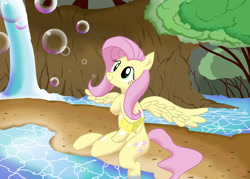 Size: 2618x1879 | Tagged: safe, artist:neoshrek, fluttershy, pegasus, pony, bathing, bubble, outdoors, sitting, solo, sponge, spread wings, tree, water, waterfall, wings