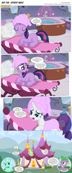 Size: 3300x7922 | Tagged: safe, artist:perfectblue97, lyra heartstrings, rarity, spike, twilight sparkle, dragon, earth pony, pony, unicorn, comic:without magic, absurd resolution, blank flank, comic, earth pony twilight, female, male, mare, royal guard, spa, towel