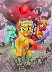 Size: 2384x3280 | Tagged: safe, artist:cazra, applejack, big macintosh, lyra heartstrings, earth pony, pony, apple, brambles, dungeons and dragons, food, magic, rpg, staff, sword, the sunless citadel, tree, weapon