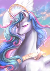 Size: 2480x3508 | Tagged: safe, artist:catofrage, princess celestia, alicorn, pony, female, glowing eyes, horn jewelry, jewelry, lidded eyes, looking at you, majestic, mare, solo, spanish