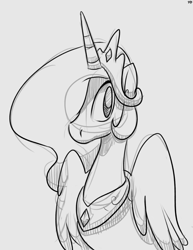 Size: 1280x1654 | Tagged: safe, artist:benja, princess celestia, alicorn, pony, bust, crown, grayscale, hair over one eye, jewelry, monochrome, regalia, sketch, solo