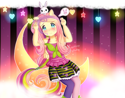 Size: 1024x800 | Tagged: safe, artist:korollnap, angel bunny, fluttershy, equestria girls, rainbow rocks, ponied up, rainbow rocks outfit