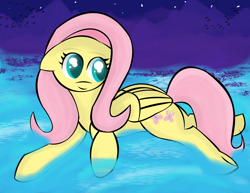 Size: 3300x2550 | Tagged: safe, artist:skyflys, fluttershy, pegasus, pony, colored pupils, cute, night, solo, swimming, water