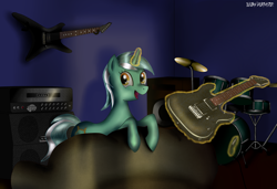 Size: 3648x2500 | Tagged: safe, artist:elijahdeathster, lyra heartstrings, pony, unicorn, drums, electric guitar, guitar, magic, musical instrument, smiling, sofa, solo, speakers, telekinesis