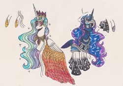 Size: 2274x1584 | Tagged: safe, artist:draw1709, princess celestia, princess luna, alicorn, pony, clothes, dress, traditional art