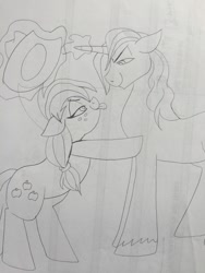 Size: 1224x1632 | Tagged: safe, artist:zee-stitch, applejack, prince blueblood, earth pony, pony, bluejack, female, flirting, magic, male, monochrome, shipping, sketch, straight, tongue out, traditional art