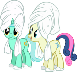 Size: 5016x4689 | Tagged: safe, artist:ironm17, bon bon, lyra heartstrings, sweetie drops, earth pony, pony, unicorn, absurd resolution, clothes, duo, female, mare, simple background, slippers, towel, transparent background