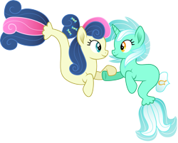 Size: 1871x1501 | Tagged: safe, artist:cloudyglow, bon bon, lyra heartstrings, sweetie drops, my little pony: the movie, female, lesbian, looking at each other, lyrabon, seaponified, seapony lyra, shipping, simple background, smiling, species swap, transparent background