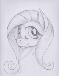 Size: 1693x2194 | Tagged: safe, artist:scribblepwn3, fluttershy, pegasus, pony, bust, monochrome, pencil drawing, portrait, solo, traditional art