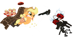 Size: 1398x757 | Tagged: safe, artist:ppptly, applejack, earth pony, pony, engiejack, food, popcorn, sapper, sentry, team fortress 2