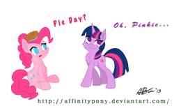 Size: 811x502 | Tagged: safe, artist:affinityshy, derpibooru import, pinkie pie, twilight sparkle, earth pony, pony, pi day, pie, pinkie pi, that pony sure does love pies