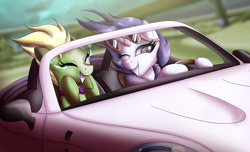 Size: 2800x1700 | Tagged: safe, artist:elmutanto, rarity, oc, pony, unicorn, car, kinkhorse was here, speed