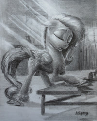 Size: 800x1000 | Tagged: safe, artist:lollipony, fluttershy, pegasus, pony, coffee, coffee mug, eyes closed, female, grayscale, mare, monochrome, mug, solo, traditional art